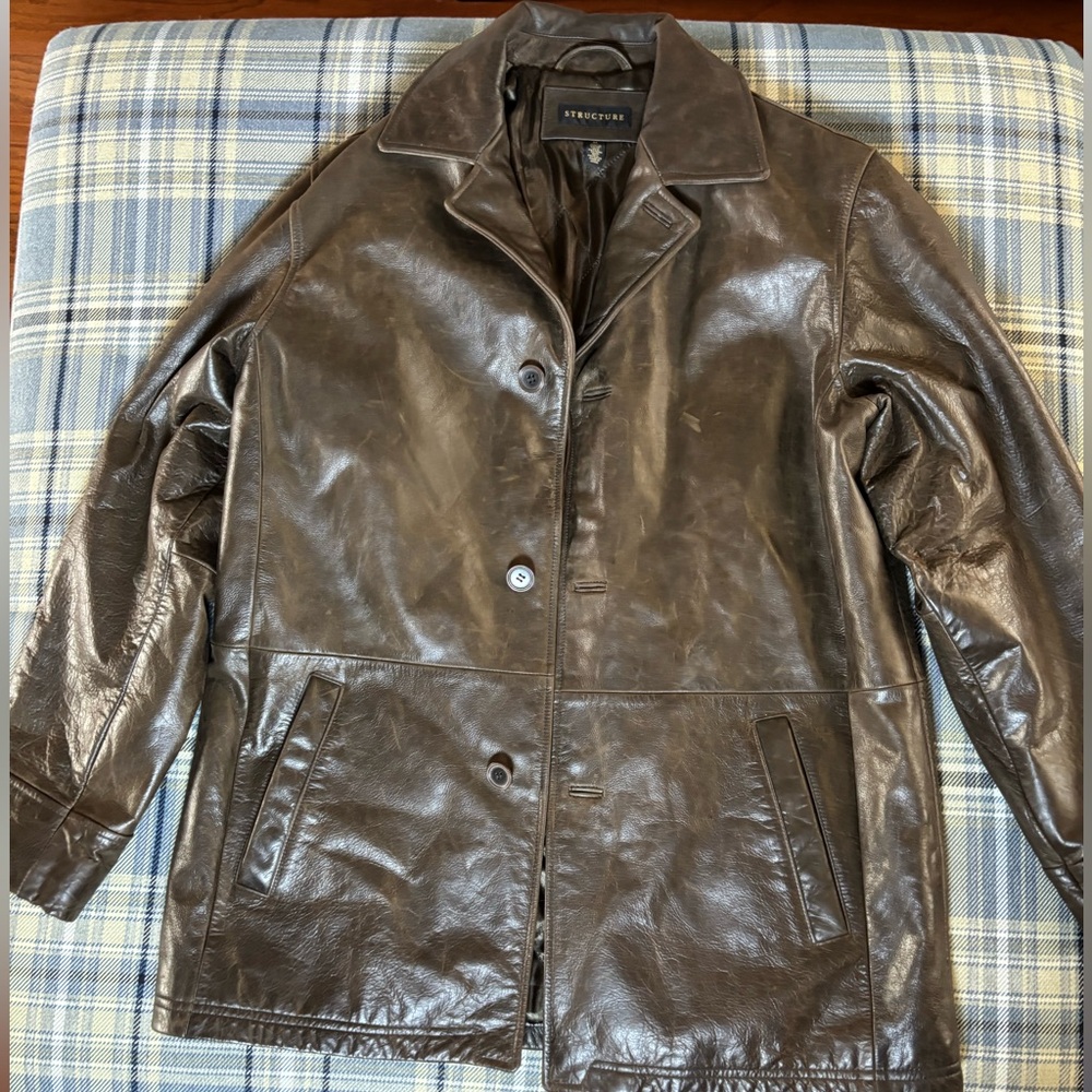 Vintage Structure Leather Mens Jacket Chocolate Dark Brown Leather Coat size Med